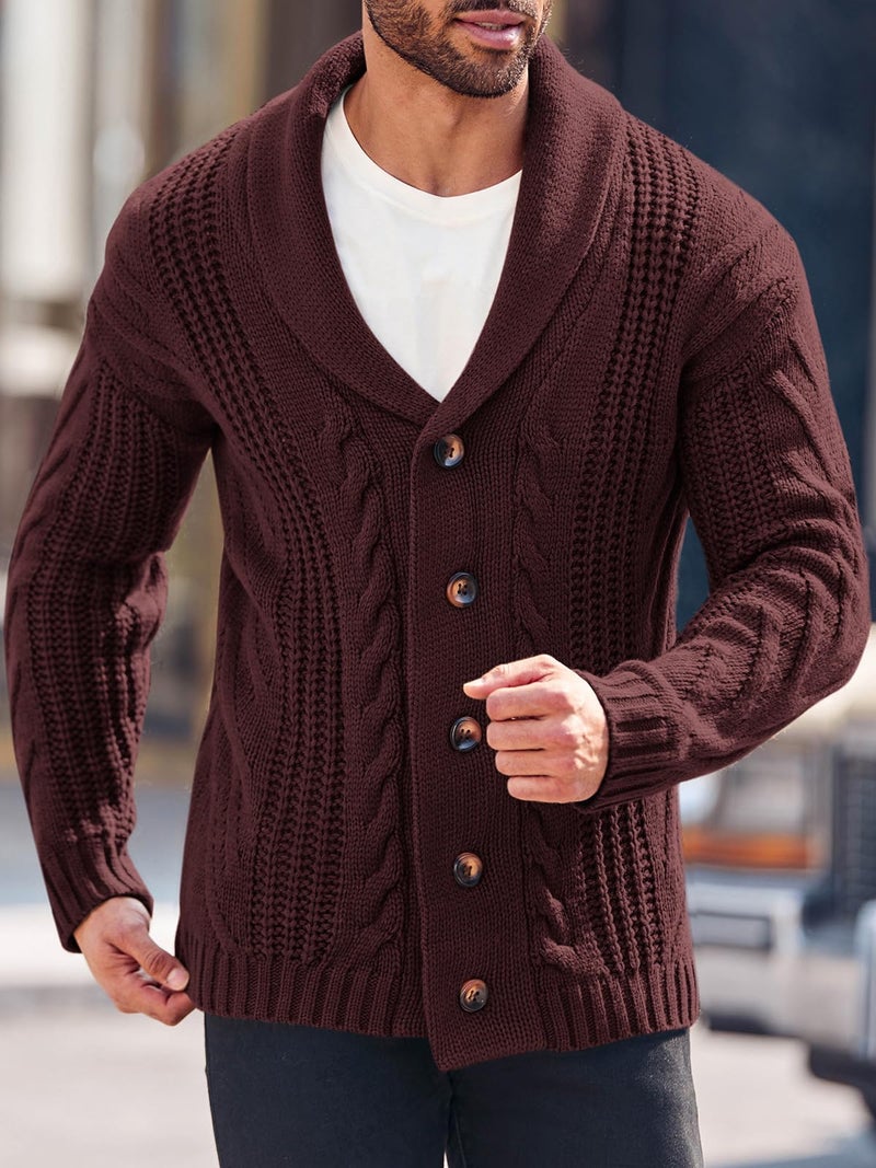 Karlywindow Mens Cable Knit Cardigan Sweater Shawl Collar Loose Fit Long Sleeve Casual Cardigans Burgundy - Image 3